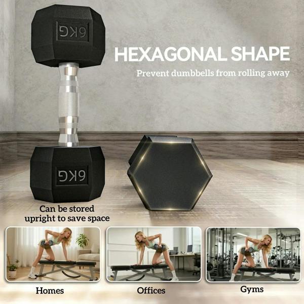 Black hex rubber dumbbells with chrome handle; hex shape helps prevent rolling