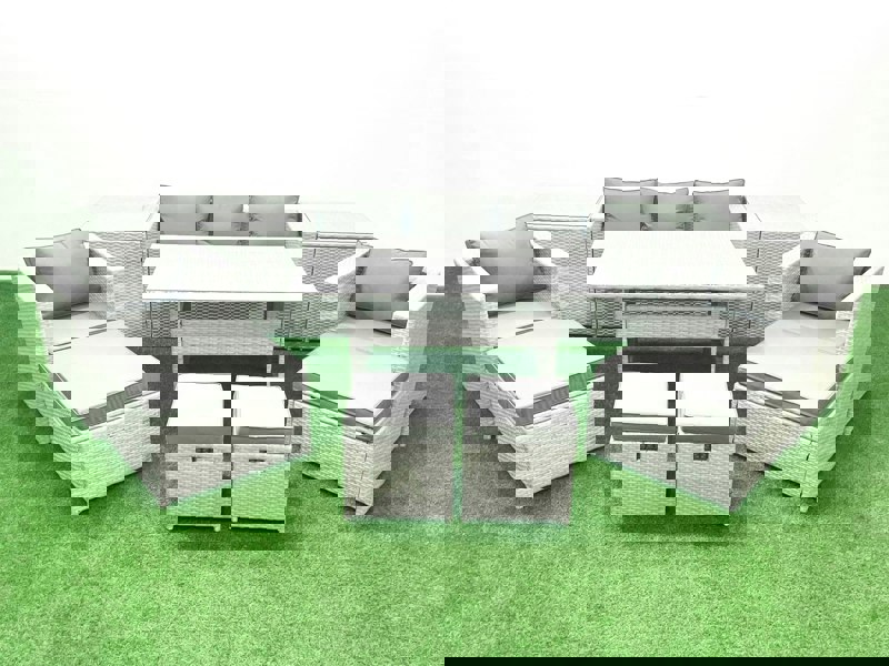 Fimous Rattan Garden Furniture Set Outdoor 9 Seater Patio Dining Sets with Glass Top Dining Table and 2 Side Tables Light Grey Mixed