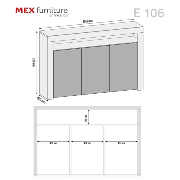 Mex Furniture 155cm Sideboard TV Stand Cupboard Cabinet – Grey High Gloss Doors with Free LED