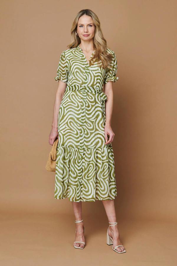 Green | Printed Short Sleeve Midi Shirt Dress