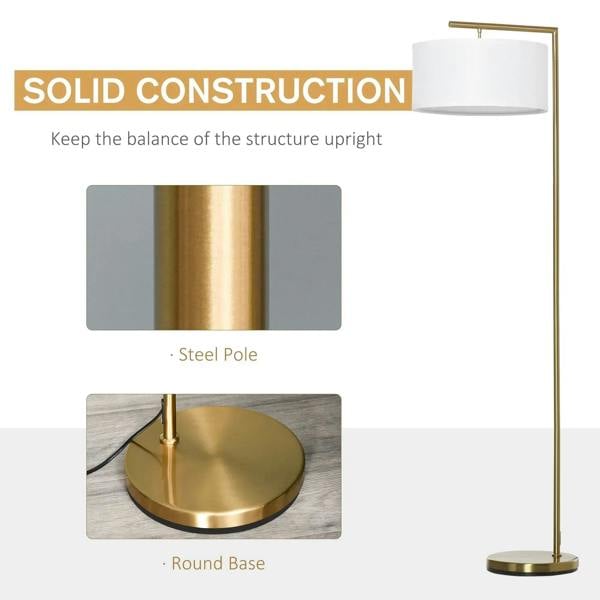 Modern floor lamp showing gold steel pole and round base with white shade