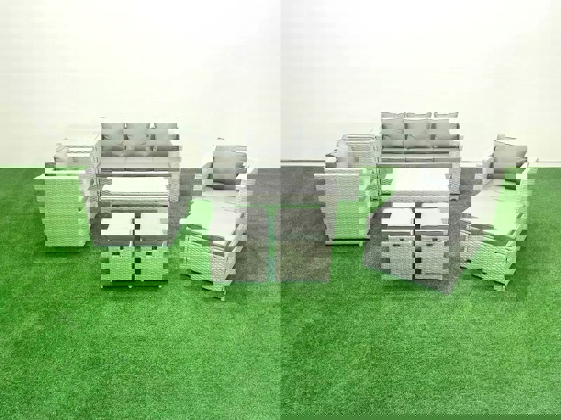 Fimous Rattan Garden Furniture Set 8 Seater Outdoor Garden Sofa Oblong Coffee Table Set with 2 Chairs 3 Stools Side Table Light Grey Mixed