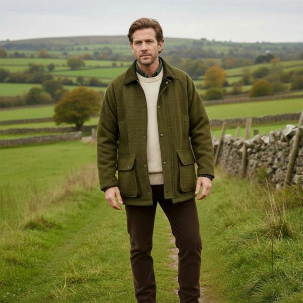 Men's Game Ascot Tweed Jacket in green worn outdoors in the countryside during autumn