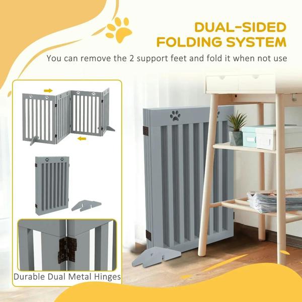 Grey folding pet gate with dual-sided hinges and removable support feet