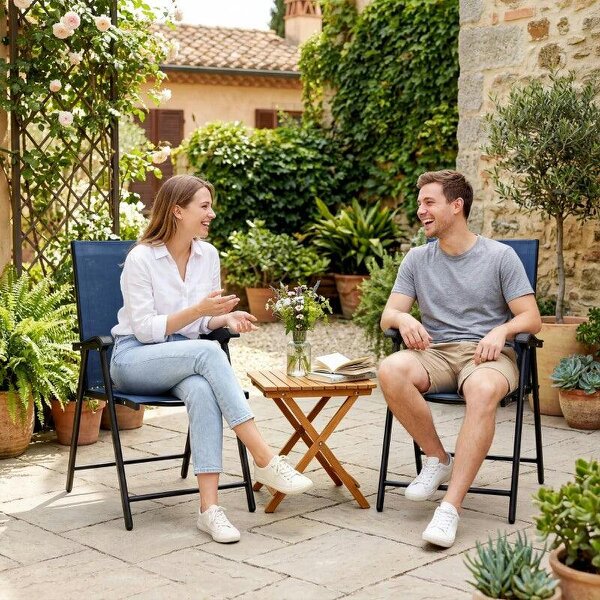 Folding Garden Chairs Set of 2, Foldable Garden Dining Chairs with High Back, Armrests, Texteline Seat, Navy Blue