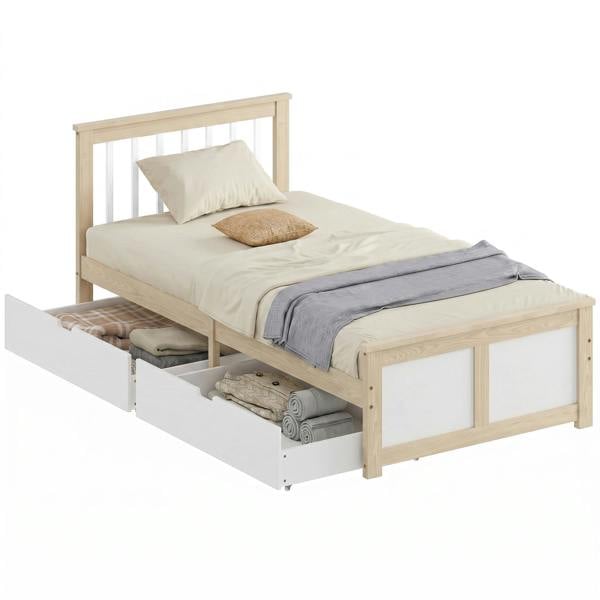 HOMCOM Storage Bed with 2 Drawers, Headboard, Wood Slat Support, Natural