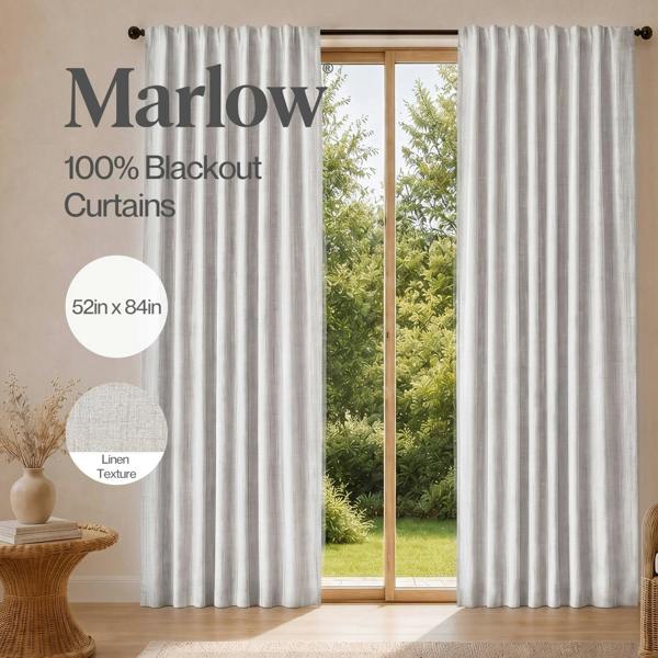 Marlow 100% Blackout Curtains Thermal Linen Look Ready Made 52x84 in Light Grey