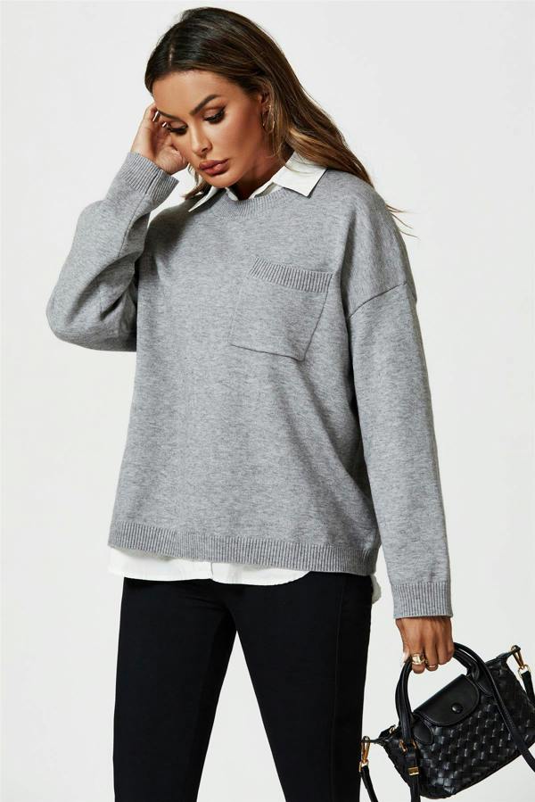 FS Collection Pocket Detail Knitted Jumper In Grey