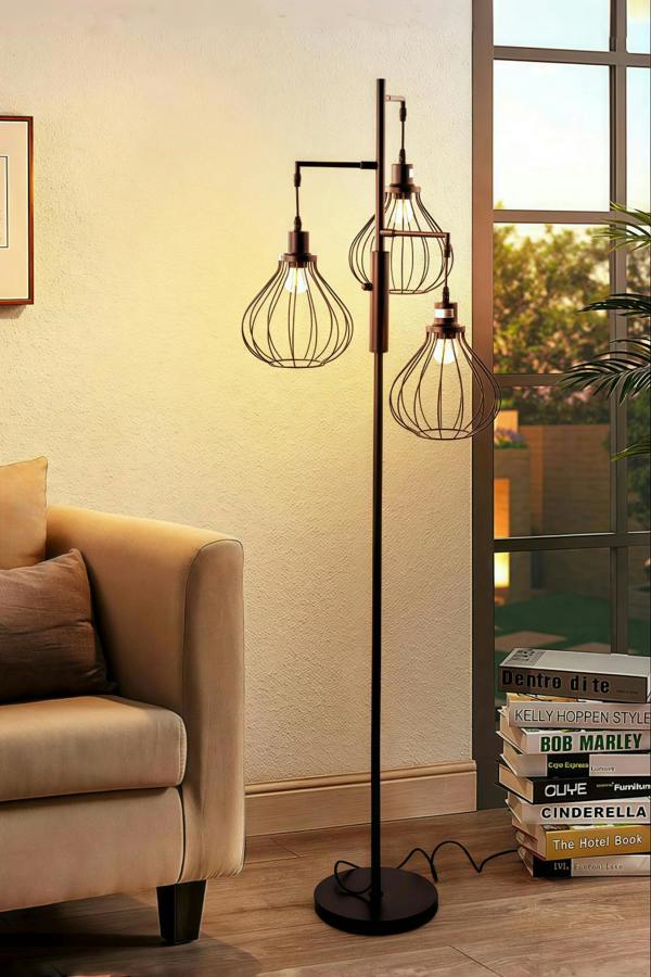Modern Industrial Black 3-Head Floor Lamp with Lantern Style Shade