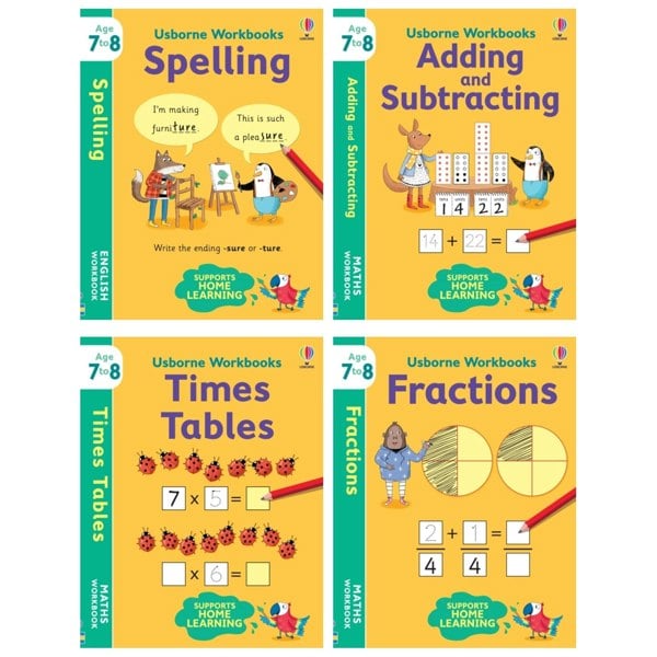 Workbooks Home Learning Age 7-8 4 Book Set (Fractions, Times Tables, Adding & Subtracting, Spelling)