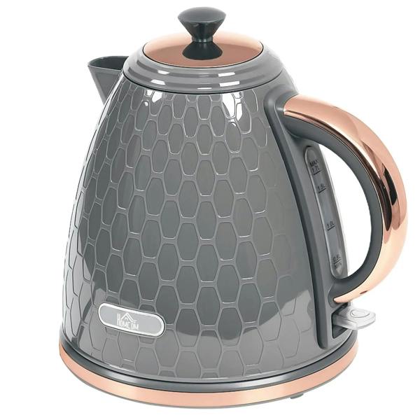Grey honeycomb kettle with copper handle, lid, and water gauge