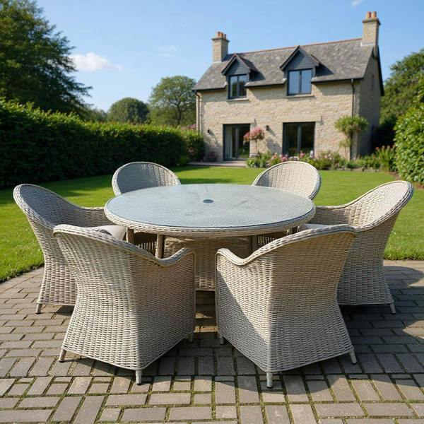 Shatchi Sorrento 6-Seater Rattan Dining Set, Round Garden Table with Chairs, Outdoor Patio Furniture Set
