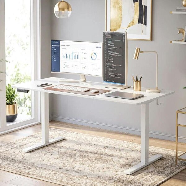 Standing Desk Memory Control Height Adjustable Desk 2 Cable Holes LED Display Sit Stand Desk White - White