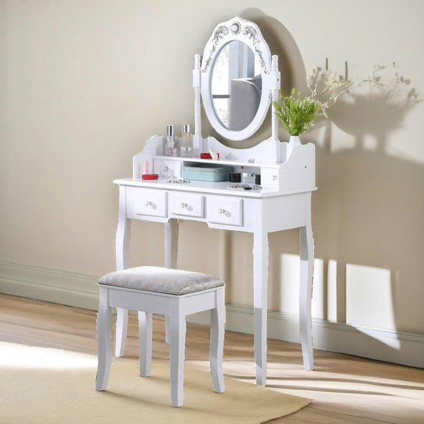 Rafaelo Mobilia 5 Drawer White Dressing Table With Round Mirror And Stool