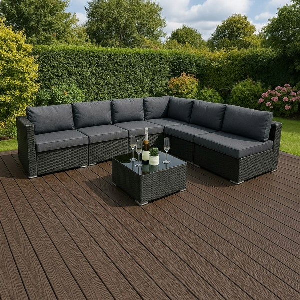 Composite decking boards in rich brown color, featuring a smooth, textured surface, ideal for outdoor spaces and furniture arrangements
