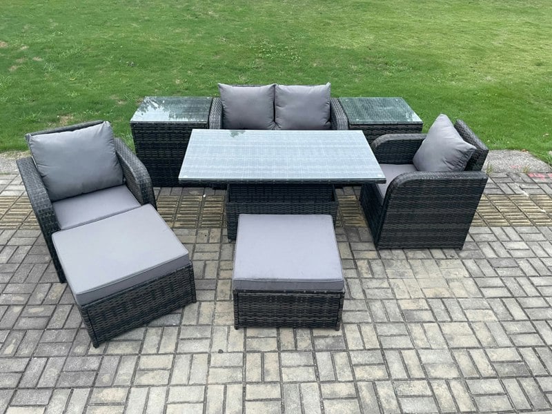 Fimous Rattan Furniture Outdoor Garden Dining Sets Patio Height Adjustable Rising lifting Table Love Sofa Chair Set With 2 Side Tables Stools
