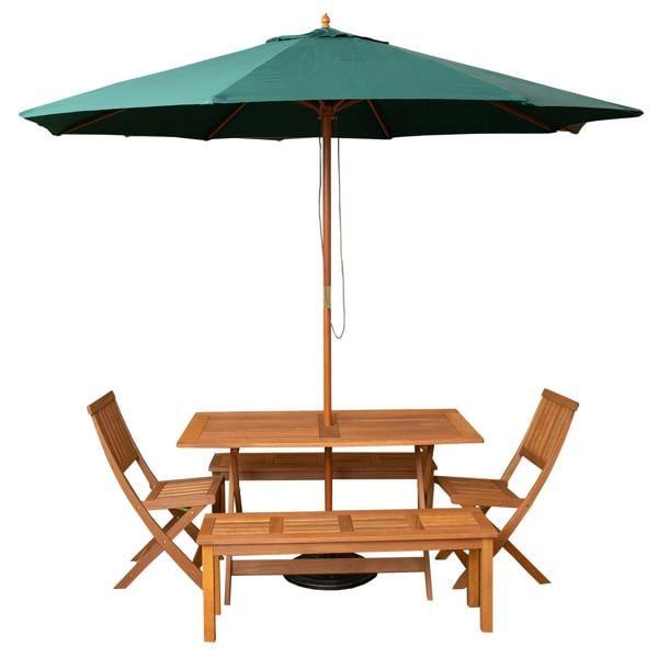 Samuel Alexander Outdoor 6 Person Rectangular Wooden Garden Dining Table, 2 Benches, Chairs with Green Parasol and Base Set