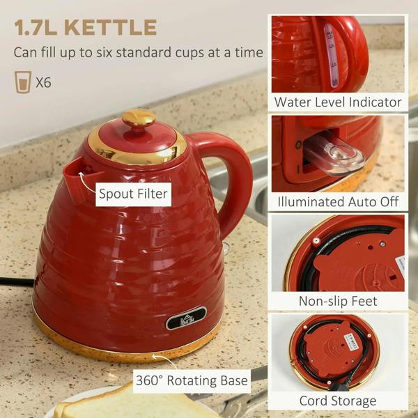 Red electric kettle with water level indicator, spout filter, illuminated auto-off