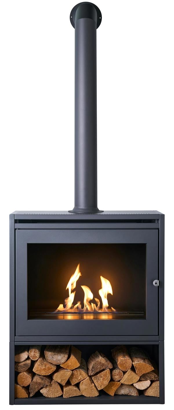 OKO S6 Bio Ethanol Stove with Log Storage in Charcoal Grey with Extra Tall Angled Metal Stove Pipe