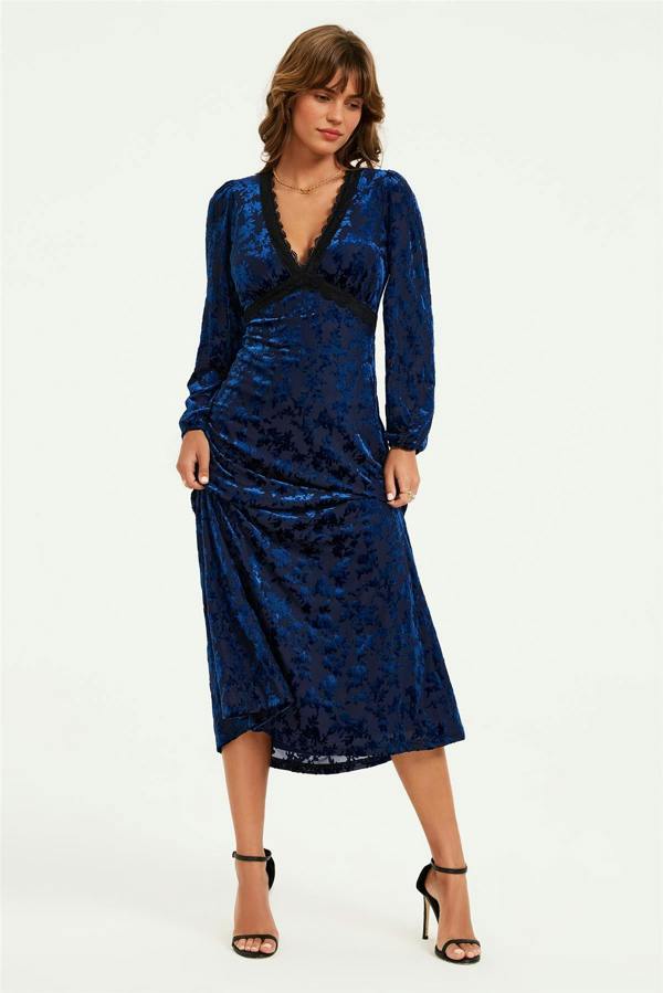 FS Collection Floral Velvet Devore Lace Trim Neckline Midi Dress In Navy