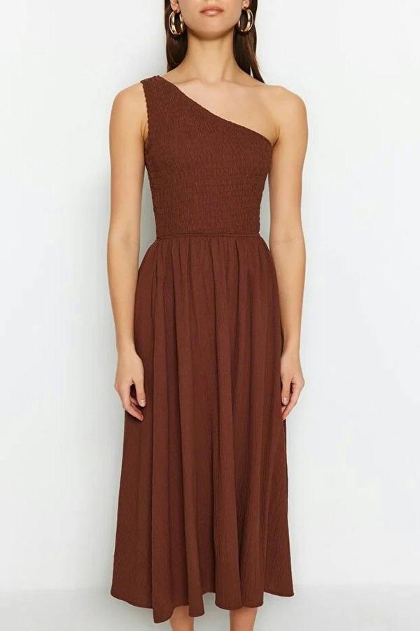 WOVCOR Waist-Leg Embellished One-Shoulder Midi Woven Dress