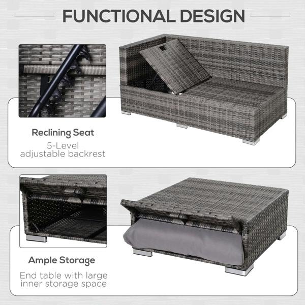 Grey rattan reclining sofa section with adjustable backrest and hidden storage ottoman