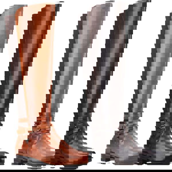 Hush Puppies Womens Vanessa Mid Calf Leather Boots, pair of stylish mid-calf leather boots with buckle strap details and contrasting panels in tan and dark brown colors.