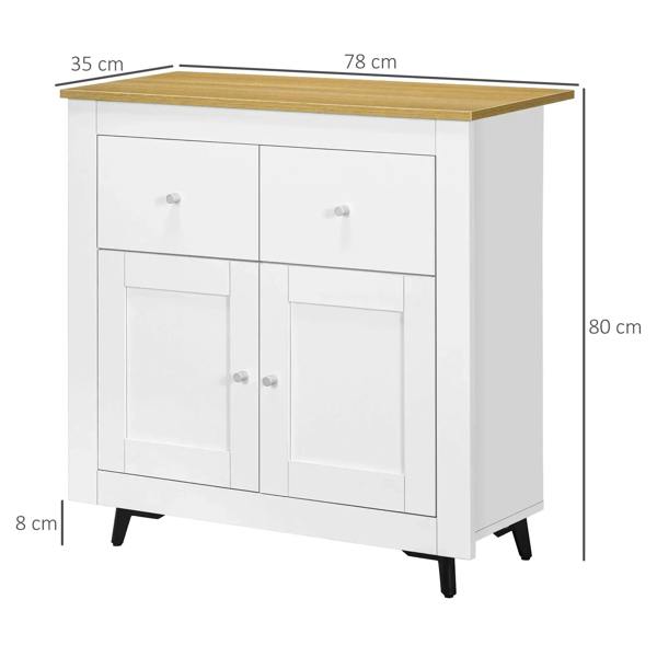 White sideboard cabinet with wood-grain top, two drawers and two cabinet doors
