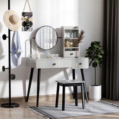 Wyld Haus Ravato Grey Dressing Table And Stool Set With 3 Drawers And Open Shelving