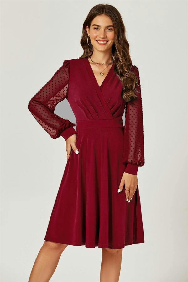 FS Collection Long Sleeve Pleated Detail Midi Dress In Dark Red