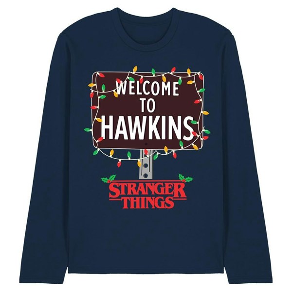 Stranger Things Unisex Adult Welcome To Hawkins Long-Sleeved Christmas T-Shirt - Navy