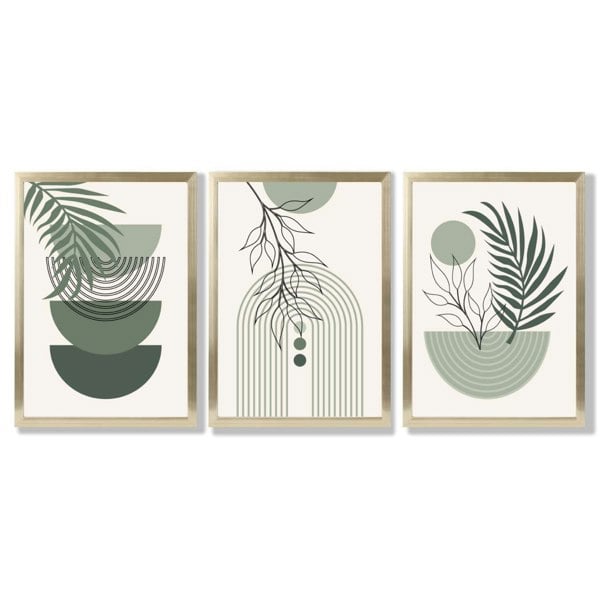 Set of 3 Mid Century Modern Green Floral Framed Art Prints with Gold Wood Frames