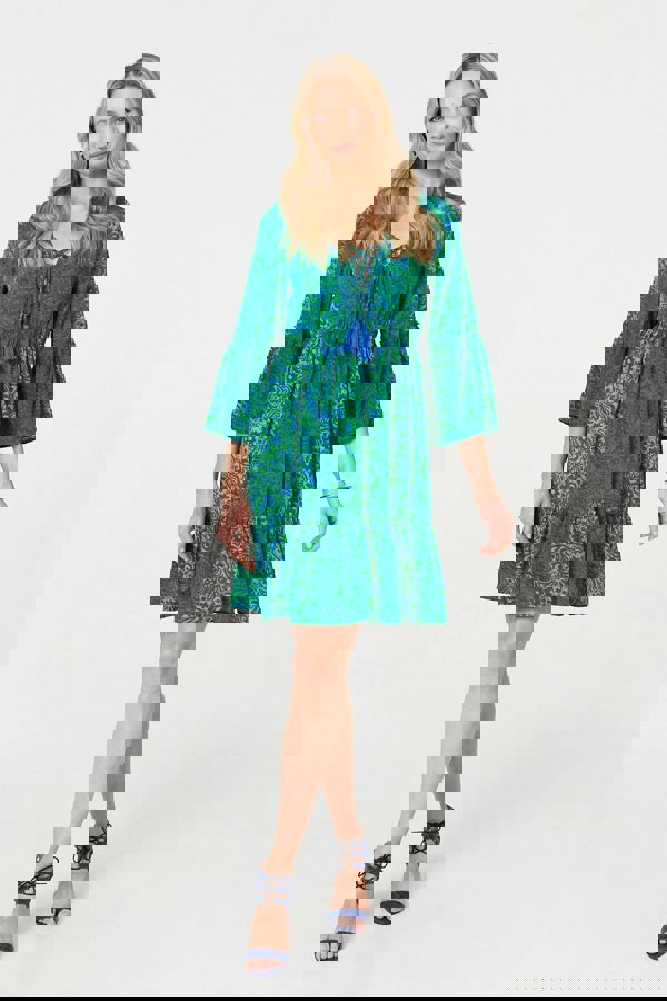 Green | Paisley Tassel V-Neck Knee Length Dress : Model is 5'10"/178 cm and wears UK10/EU38/US6/AUS10
