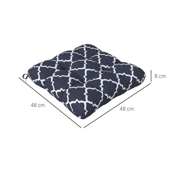 Navy blue seat cushion pillow with white trellis pattern, tie straps; 48 cm by 48 cm