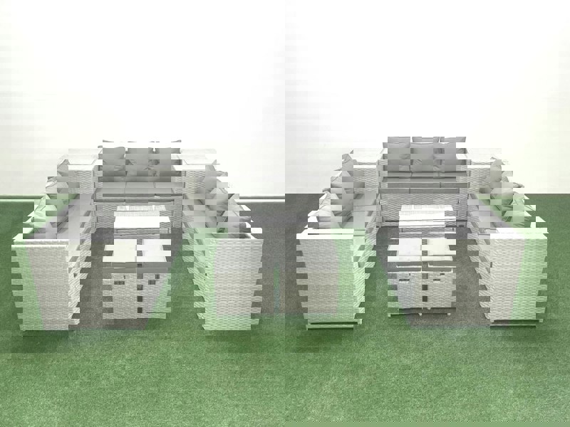 Fimous Rattan Garden Outdoor Furniture Set 11 Seater Garden Sofa Coffee Table Set with 2 Small Footstool 2 Side Tables Light Grey Mixed