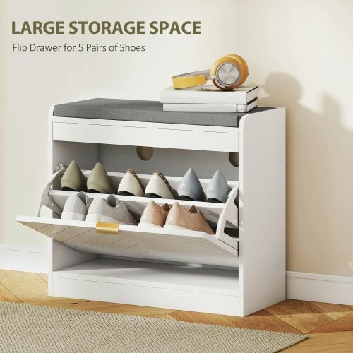 Wyld Haus Baniri White Wood and Grey Upholstered Entryway Shoe Bench With Flip Drawer