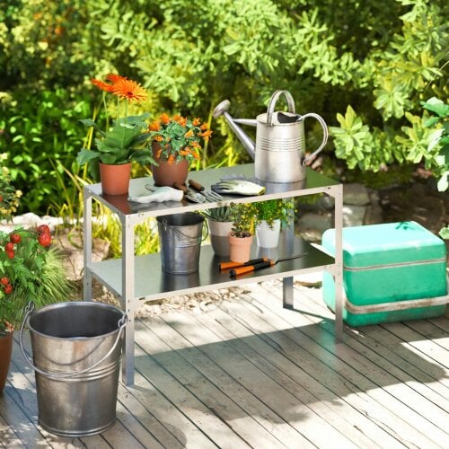 Bobobiy 2 Tier Potting Bench Table, Galvanised Steel Garden Planting Work Bench Workstation with Storage Shelf, 110 x 50 x 75 cm, Silver Tone