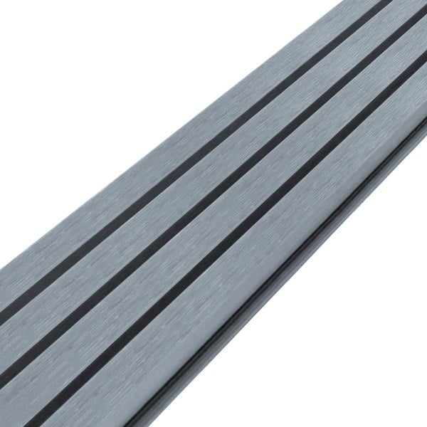 WPC slatted wall cladding panels in grey, featuring a smooth texture with subtle grooves for a modern, stylish finish