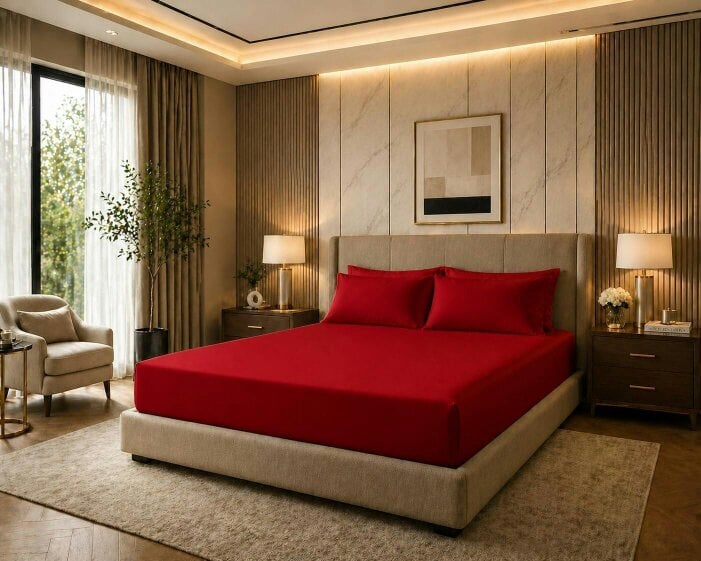 Night Zone 180 Thread Count Percale Extra Deep Fitted Sheet 40cm – Non Iron Polycotton Bed Sheet - Red