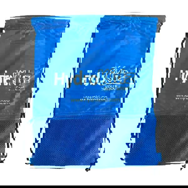 Blue HydroKidz drawstring swim bag with mesh bottom, logo, 5cm depth