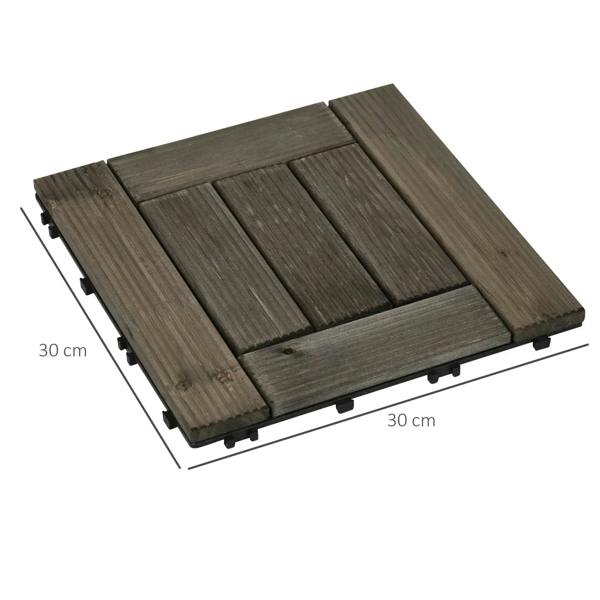 Charcoal grey interlocking wooden decking tile, 30 x 30 cm size with corner tabs