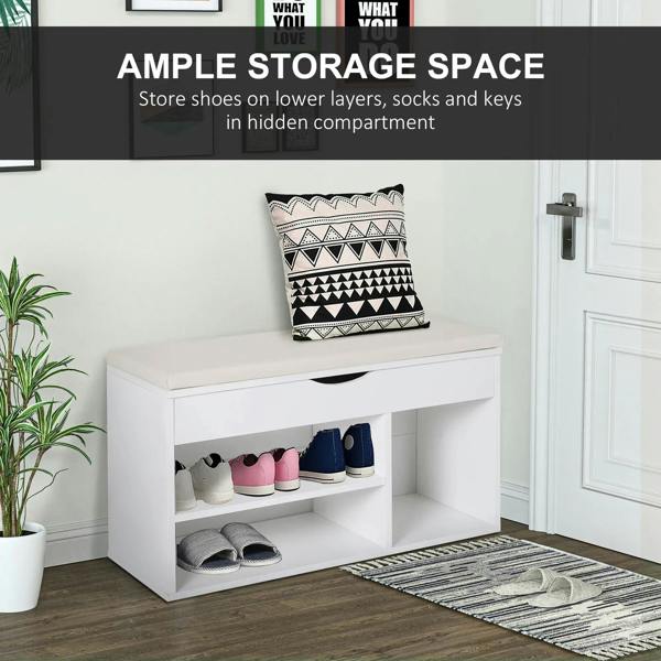 White shoe cabinet bench with padded top, open cubbies, and lower shoe storage
