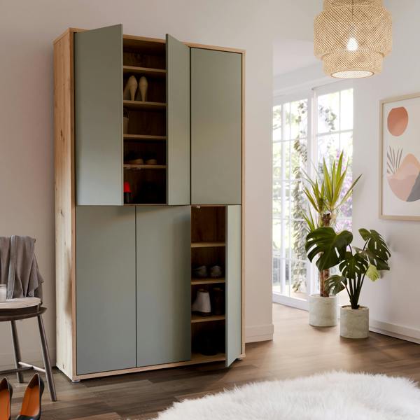 Furniture To Go Alice Springs Shoe Cabinet with 6 Doors Push-to-Open in Artisan Oak and Sage Green Doors
