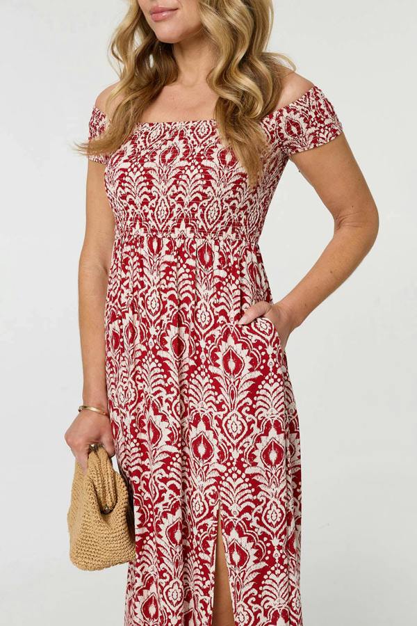 Red | Printed Cap Sleeve Bardot Top Maxi Dress