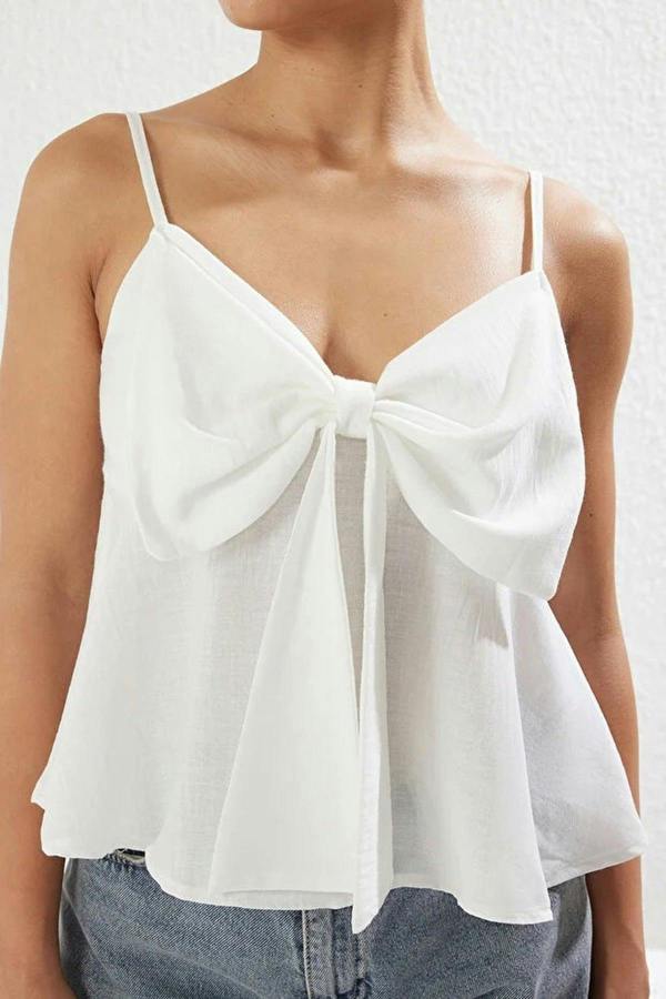 WOVCOR Linen-Look Woven Blouse with Bow Detail