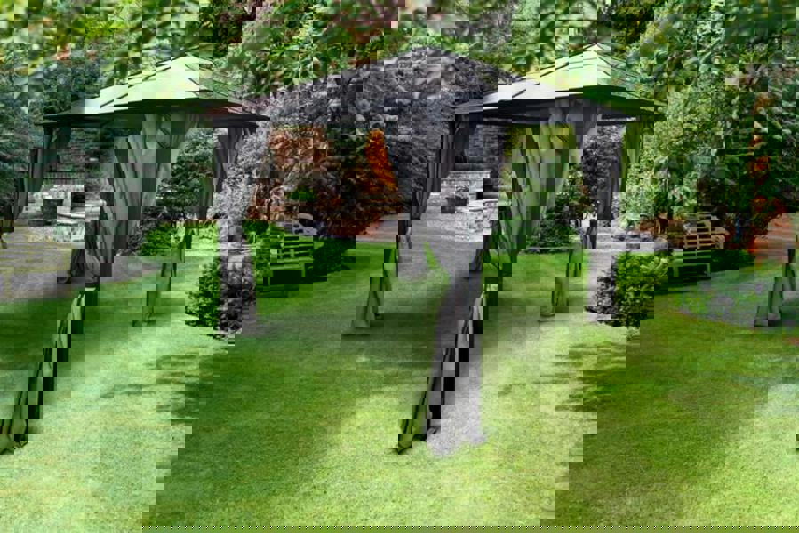 Glendale Peninsula Polycarbonate Roof Garden Gazebo with Grey Curtains – Black Frame | 2 Sizes The Garden Furniture Shop