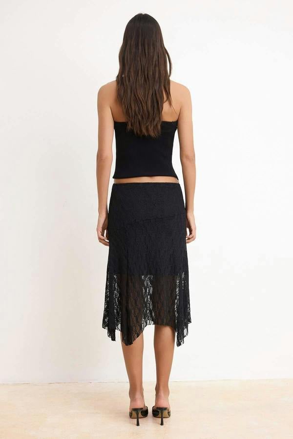 High Waist Asymmetric Lace Lined Midi A-Line Skirt