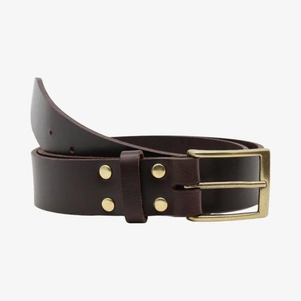 Chocolate leather belt with gold buckle on a white background