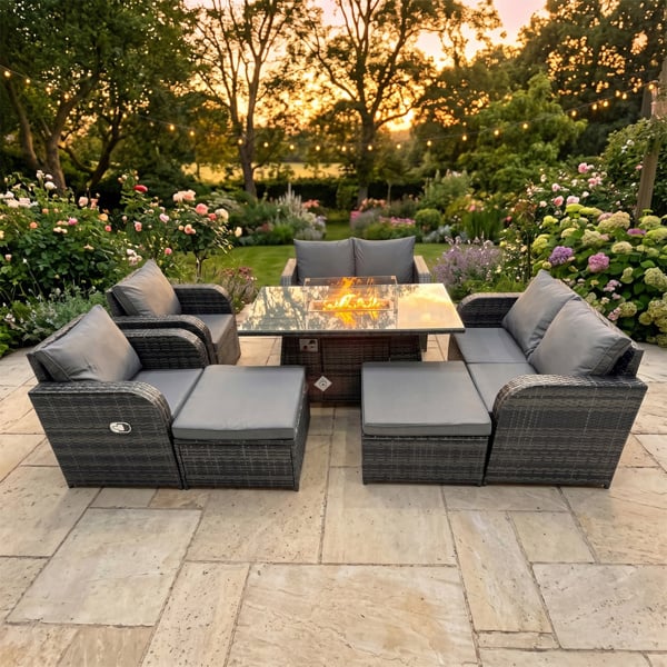 Fimous 8 Seater Rattan Patio Set with Gas Fire Pit Dining Table, 2 Reclining Chairs, 2 Sofas & 2 Footstools - Dark Grey Mixed