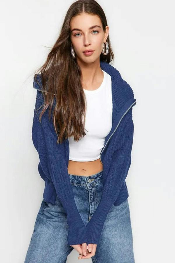 Hoxton Gal Oversized Draped Collar Zip-Up Knit Cardigan